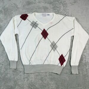 Vintage Mark Scot Mens Large Sweater Argyle V-Neck White Cotton 90s Preppy